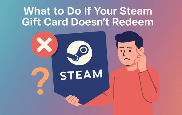 Person confused while holding a Steam gift card with an error symbol