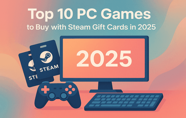 Steam gift cards game controller and a PC monitor displaying 2025 promoting top PC games to buy in 2025