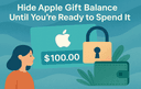 Illustration showing a woman looking at a locked Apple gift card worth 100 beside a wallet symbolizing keeping your Apple gift balance private until you choose to use it