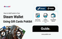 Illustration showing a hand holding a gift card toward a computer screen with the Steam logo with text about adding funds to a Steam wallet using gift cards