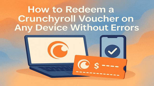 Illustration of a laptop smartphone and Crunchyroll voucher with text How to Redeem a Crunchyroll Voucher on Any Device Without Errors
