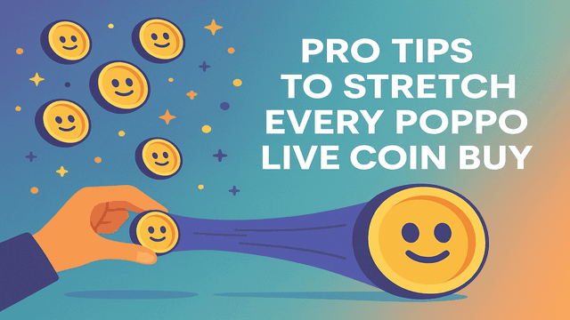 Illustration of a hand stretching a Poppo Live coin with smiling faces and text Pro Tips to Stretch Every Poppo Live Coin Buy