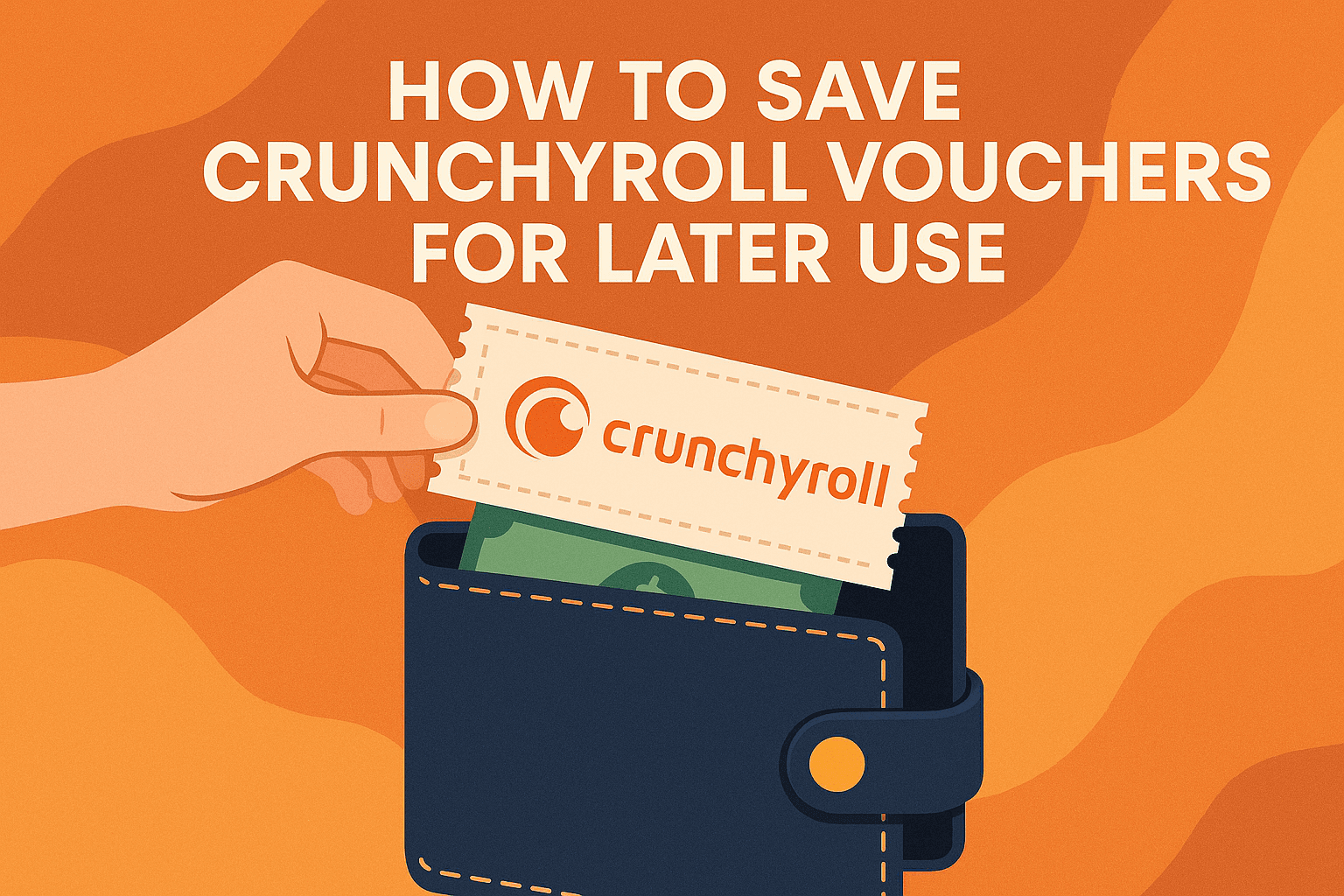 Illustration of a hand placing a Crunchyroll voucher into a wallet with text How to Save Crunchyroll Vouchers for Later Use