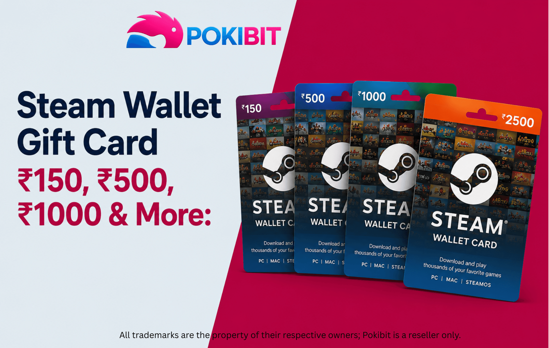 Steam Wallet gift cards available in multiple denominations and options.