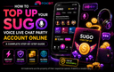 SUGO Voice Live Chat Party coin top-up guide banner with Pokibit branding