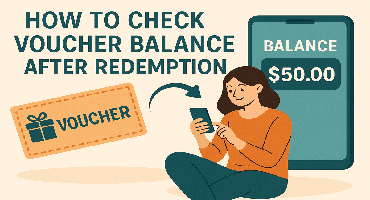 Illustration of a woman checking voucher balance after redemption on mobile with 50 shown on screen