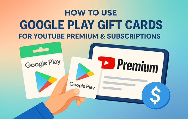 Google Play gift cards held next to a YouTube Premium subscription screen