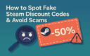 Illustration of a fake Steam discount code with a warning symbol and magnifying glass