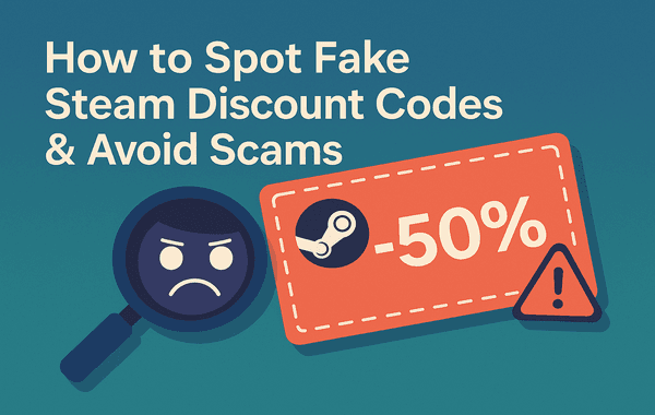 Illustration of a fake Steam discount code with a warning symbol and magnifying glass