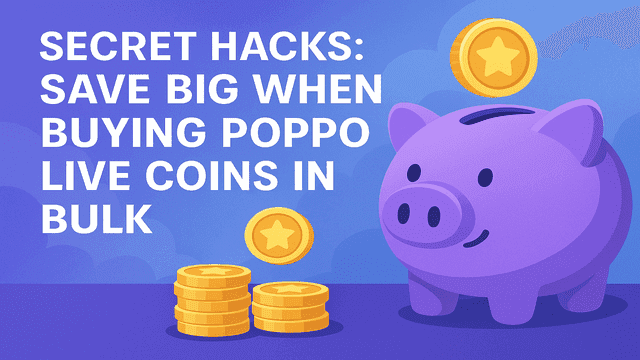 Illustration of a piggy bank with gold coins and the text Secret Hacks Save Big When Buying Poppo Live Coins in Bulk