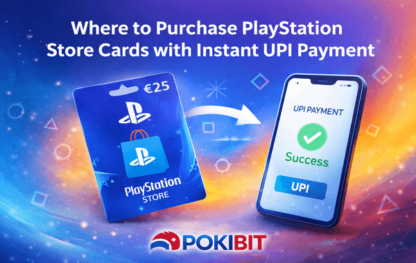 Purchase PlayStation Store Cards with instant UPI payment showing PSN digital voucher code and PlayStation wallet top up