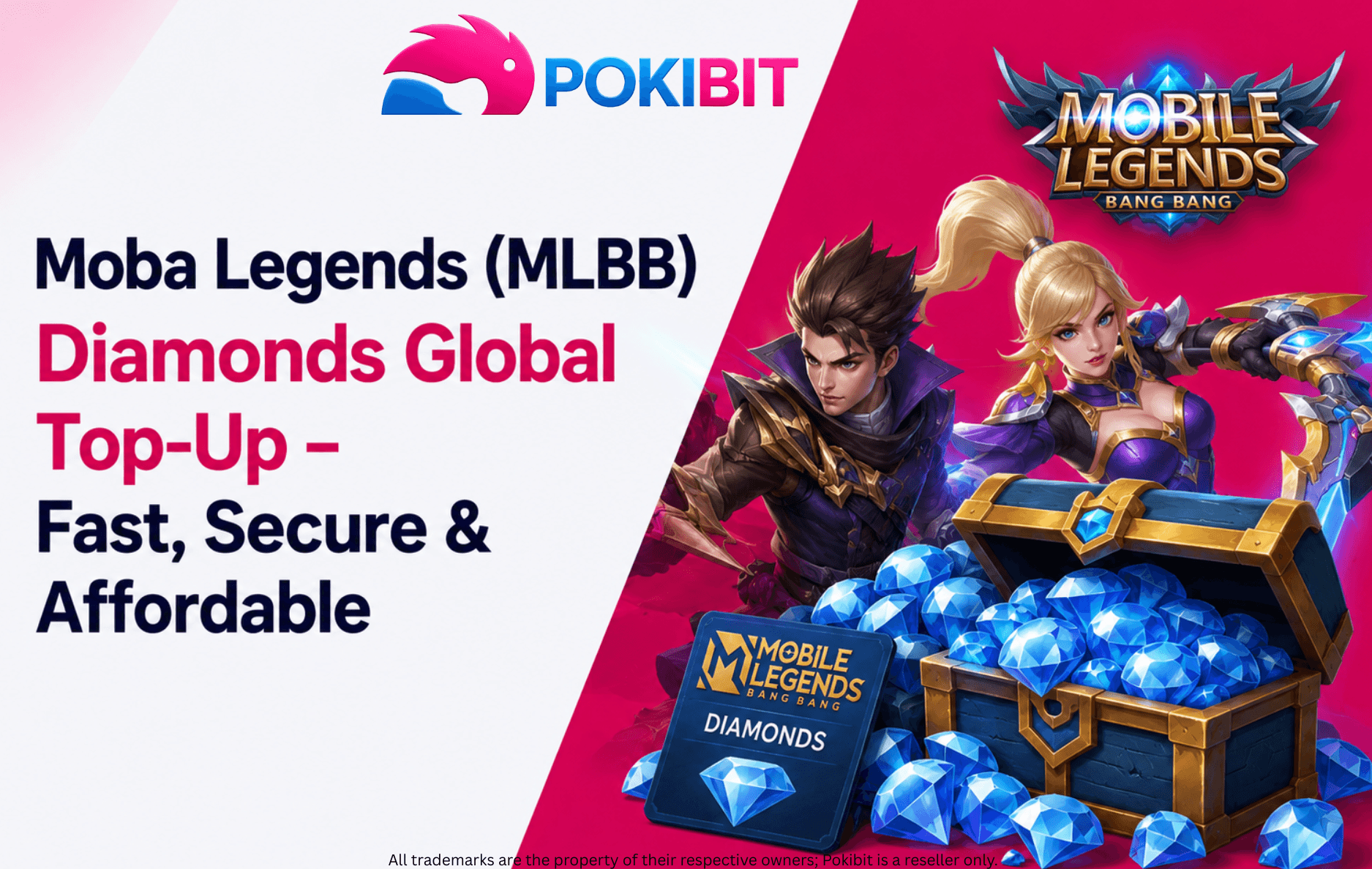 Moba Legends MLBB Diamonds global top-up banner showing heroes and Diamond currency icon