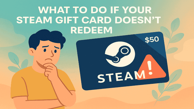 Illustration of a worried person next to a 50 dollar Steam gift card with an error warning highlighting the issue of Steam gift card not redeeming
