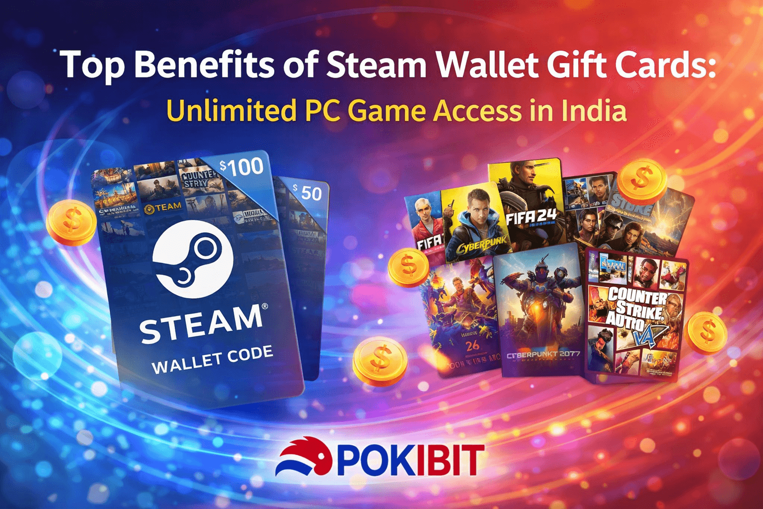 Steam gift card India showing Steam wallet top up for unlimited PC game access and digital gaming purchases