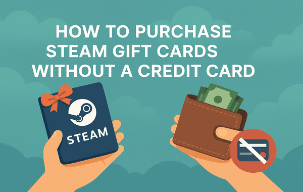 llustration showing one hand holding a Steam gift card and another hand holding a wallet with cash with the text How to Purchase Steam Gift Cards Without a Credit Card above
