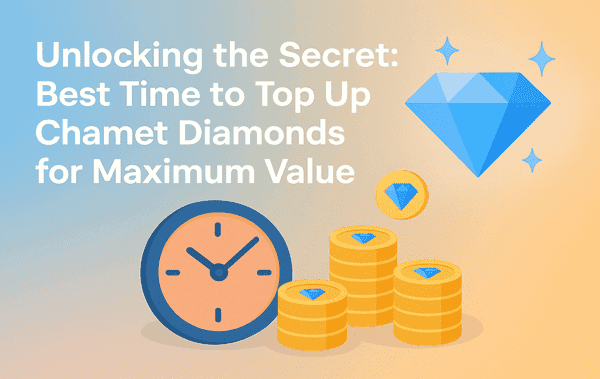 Illustration of a bowl filled with blue Chamet Diamonds a gold coin with a diamond icon and a clock in the background alongside text that reads