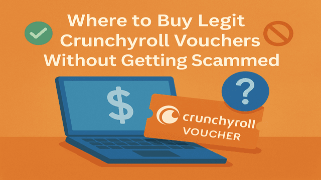 Where to buy legit Crunchyroll vouchers safely without getting scammed illustration with laptop and voucher card
