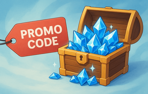 A wooden treasure chest overflowing with bright blue crystals beside a red tag labeled Promo Code