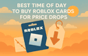 Illustration of a Roblox gift card and a price tag with a downward arrow symbolizing the best time of day to buy Roblox cards for price drops