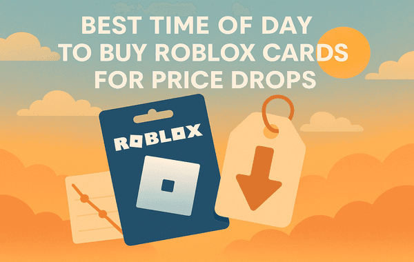 Illustration of a Roblox gift card and a price tag with a downward arrow symbolizing the best time of day to buy Roblox cards for price drops