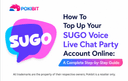 SUGO Voice Live Chat Party coin top-up guide banner with Pokibit branding