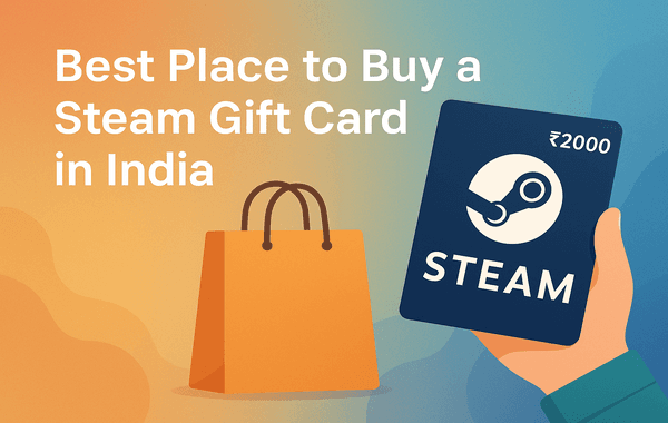 Illustration of a person holding a 2000 Steam gift card beside a shopping bag representing the best places to buy Steam gift cards in India