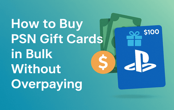 Illustration of a blue 100 PSN gift card with a gift icon next to cash and a dollar symbol with the text How to Buy PSN Gift Cards in Bulk Without Overpaying