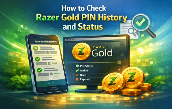 Graphic showing how to check Razer Gold PIN history and status with phone and monitor displaying active used and expired PINs