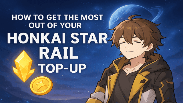 Honkai Star Rail Top-Up guide illustration featuring in game character with Stellar Jade and Credits under a cosmic background