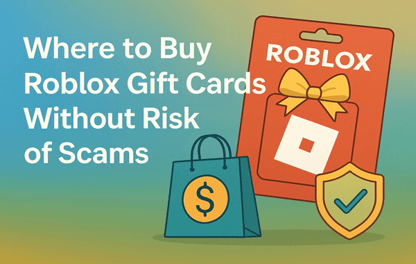Illustration showing a Roblox Gift Card shopping bag with a dollar sign and a security shield icon representing where to buy Roblox Gift Cards safely without the risk of scams