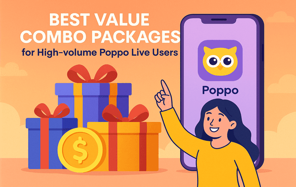 Illustration showing a smiling woman pointing toward a phone screen with the Poppo Live logo surrounded by gift boxes and coins representing best value combo packages for Poppo Live users