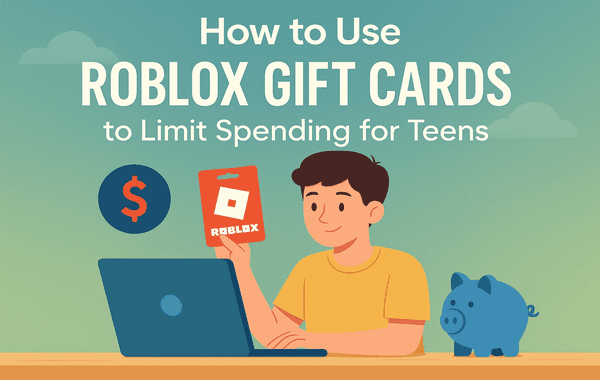 Teen holding a Roblox gift card beside a laptop and piggy bank to manage spending