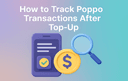 Illustration of a smartphone a magnifying glass and a coin with a dollar symbol with text about tracking Poppo transactions after a top up