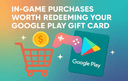 A Google Play gift card next to a shopping cart game controller and coin highlighting in game purchases worth redeeming a Google Play gift card for