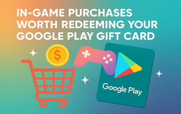 A Google Play gift card next to a shopping cart game controller and coin highlighting in game purchases worth redeeming a Google Play gift card for