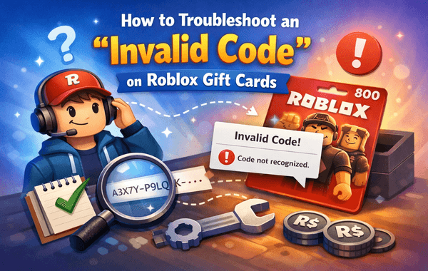 Illustration explaining how to fix an invalid code error on Roblox gift cards with error message gift card and troubleshooting tools