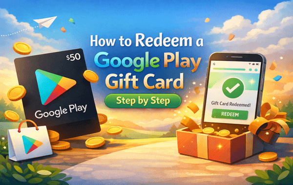 Step by step guide showing how to redeem a Google Play Gift Card on Android and the Google Play app