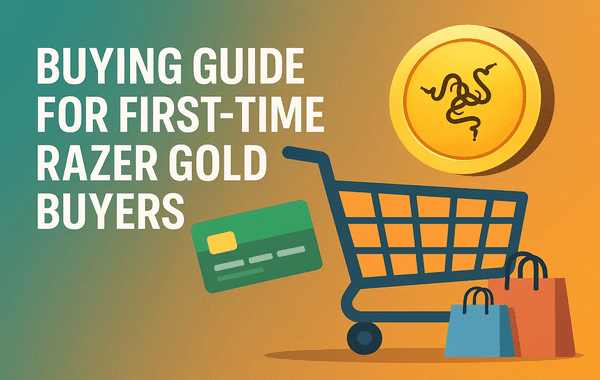 Buying guide for first time Razer Gold buyers with shopping cart credit card and Razer coin illustration