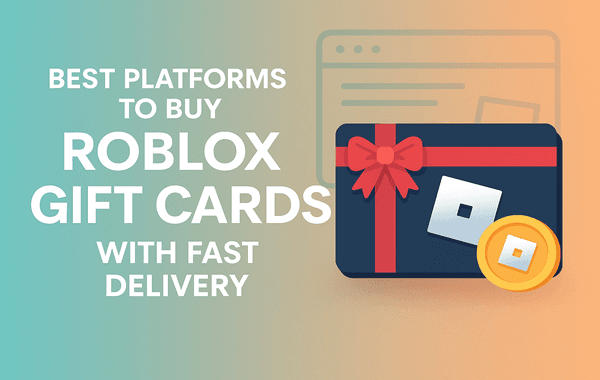Illustration of a Roblox gift card with a red ribbon and a Roblox coin placed next to a browser window graphic with the text Best Platforms to Buy Roblox Gift Cards with Fast Delivery