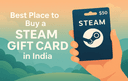 A hand holding a 50 Steam gift card against a scenic background with text about the best place to buy Steam gift cards in India