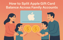 Parents and children sharing Apple gift card balance represented by large coins and an Apple card