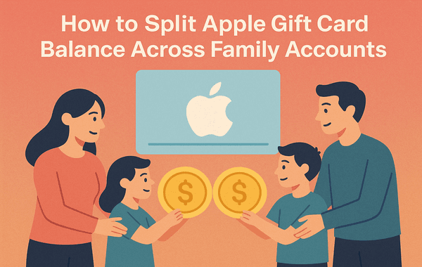 Parents and children sharing Apple gift card balance represented by large coins and an Apple card