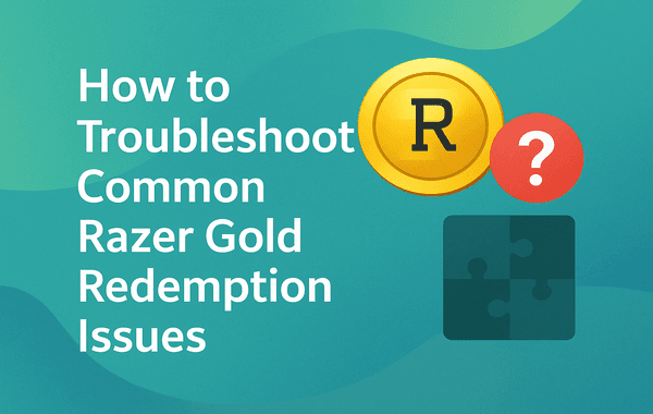 Razer Gold coin with a question mark and puzzle piece icon next to text How to Troubleshoot Common Razer Gold Redemption Issues