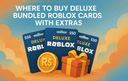 Illustration showing three 50 Deluxe Roblox gift cards with a coin and gift box representing where to buy bundled Roblox cards with extra rewards