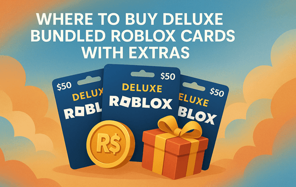 Illustration showing three 50 Deluxe Roblox gift cards with a coin and gift box representing where to buy bundled Roblox cards with extra rewards