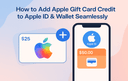 Illustration showing an Apple gift card and a smartphone with Apple ID and Wallet icons demonstrating how to add Apple Gift Card credit seamlessly