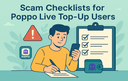 Illustration of a person checking a scam prevention checklist for Poppo Live top up with warning icons and Poppo app logos