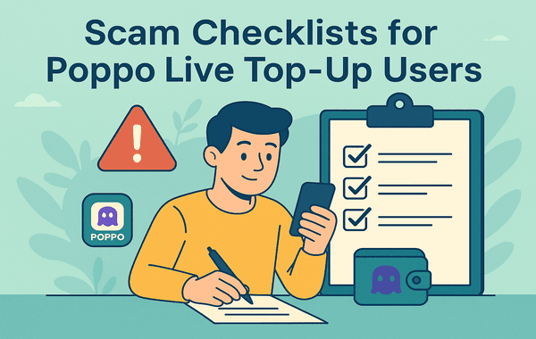 Illustration of a person checking a scam prevention checklist for Poppo Live top up with warning icons and Poppo app logos