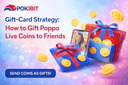 Illustration showing how to gift Poppo Live Coins to friends using a secure digital top up platform
