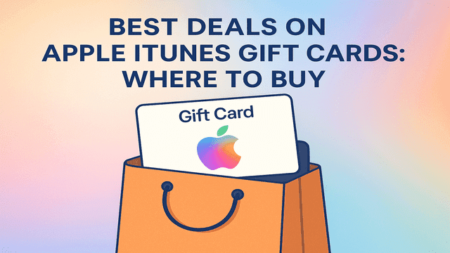 Best deals on Apple iTunes Gift Cards illustrated Apple gift card coming out of a shopping bag with gradient background